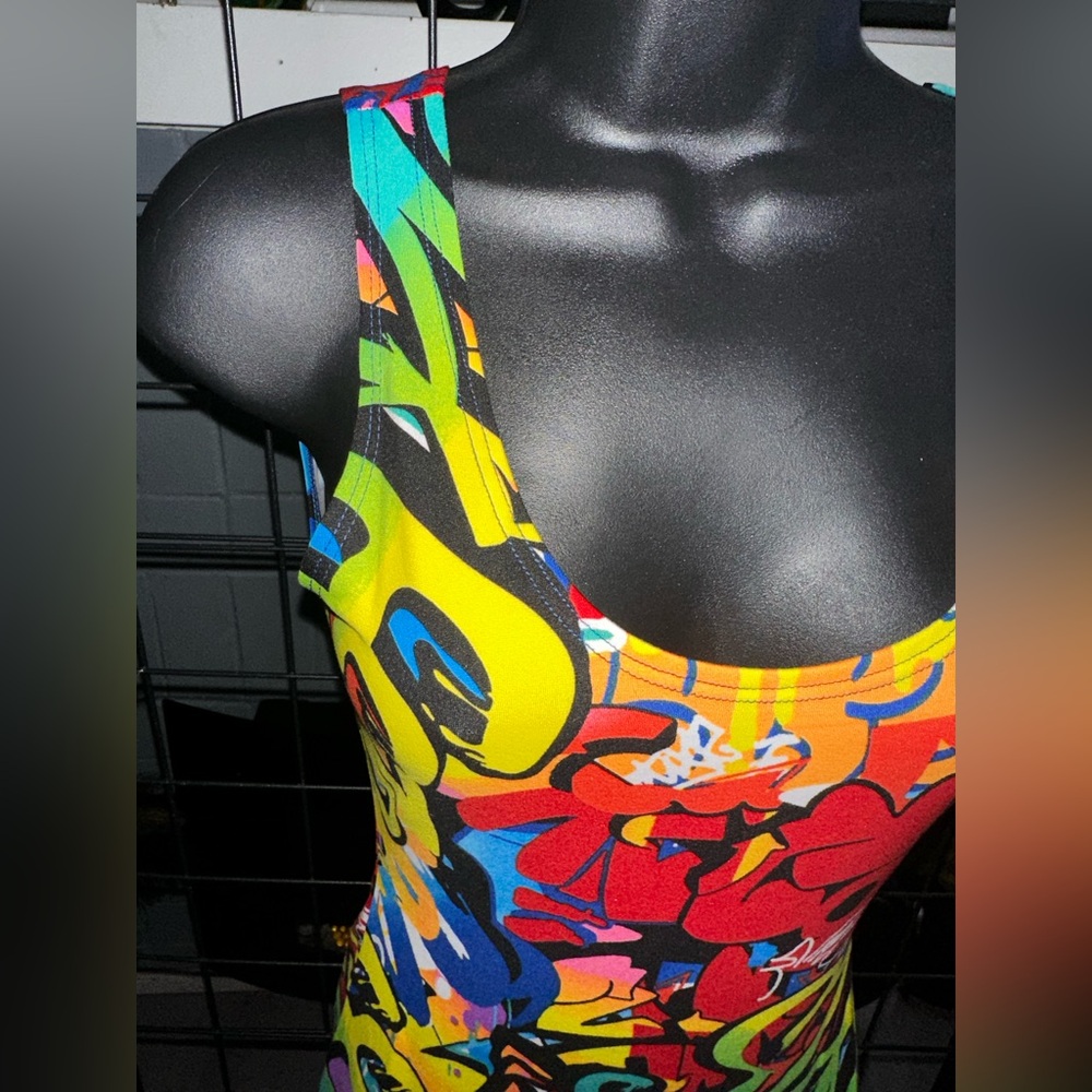 NEW TRENDY MULTI COLOR GRAFFITI TANK TOP BODYCON MIDI DRESS - Picture 11 of 14